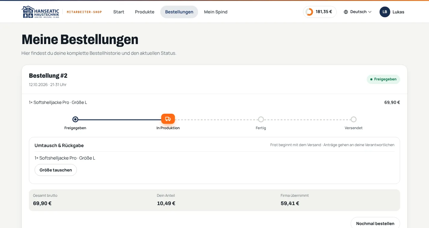 Bestellübersicht mit Statusleiste: freigegeben, in Produktion, fertig, versendet